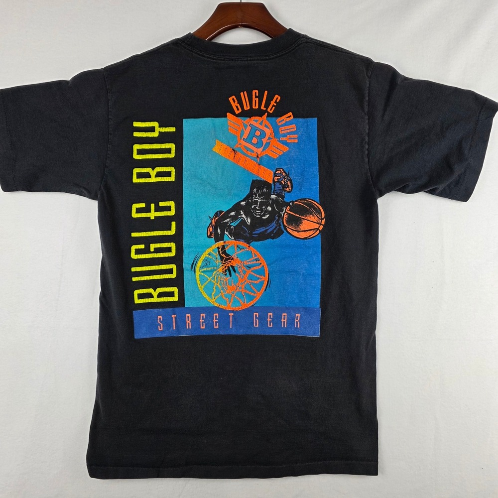 Vintage Bugle Boy Street Gear Basketball Graphic T-Shirt Mens Medium Black 90s